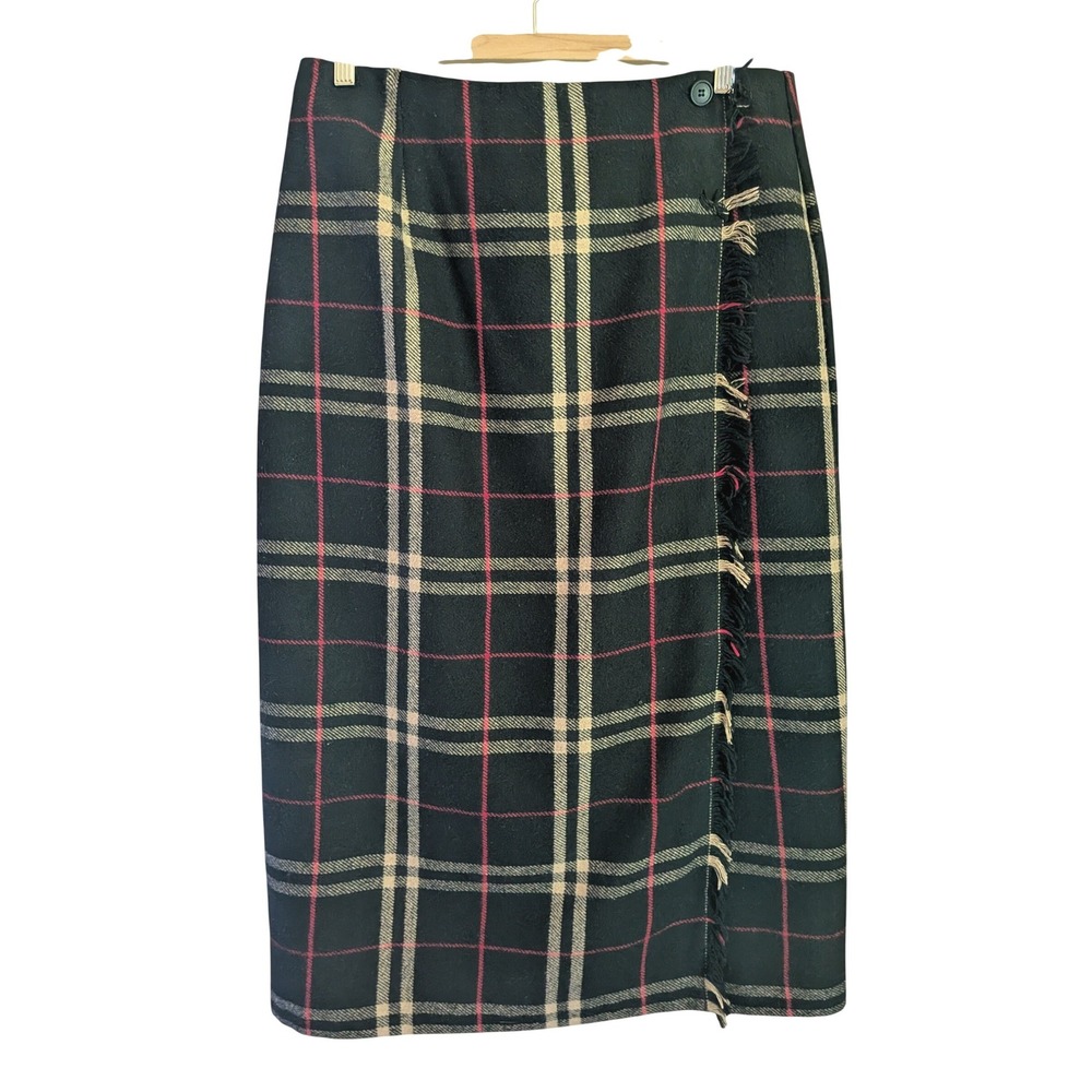 Vtg Plaid Midi Wrap Skirt 18 Wool Blend Dark Academia Preppy Heritage Fringe USA